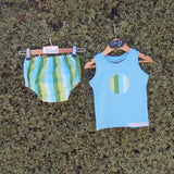 Boys nappy cover blue green strip & singlet set Size 0 front
