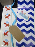 Blue raffia ribbon, plane decal, natural or white gift tag and blue belly band wrap