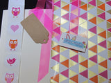 Hot Pink organza ribbon, bird/heart decal, natural or white gift tag and hot pink, orange & gold wrap
