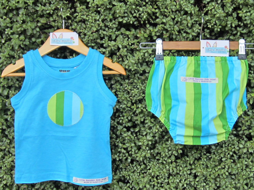 Boys Nappy Cover and Singlet Blue/Green Stripe Size 0