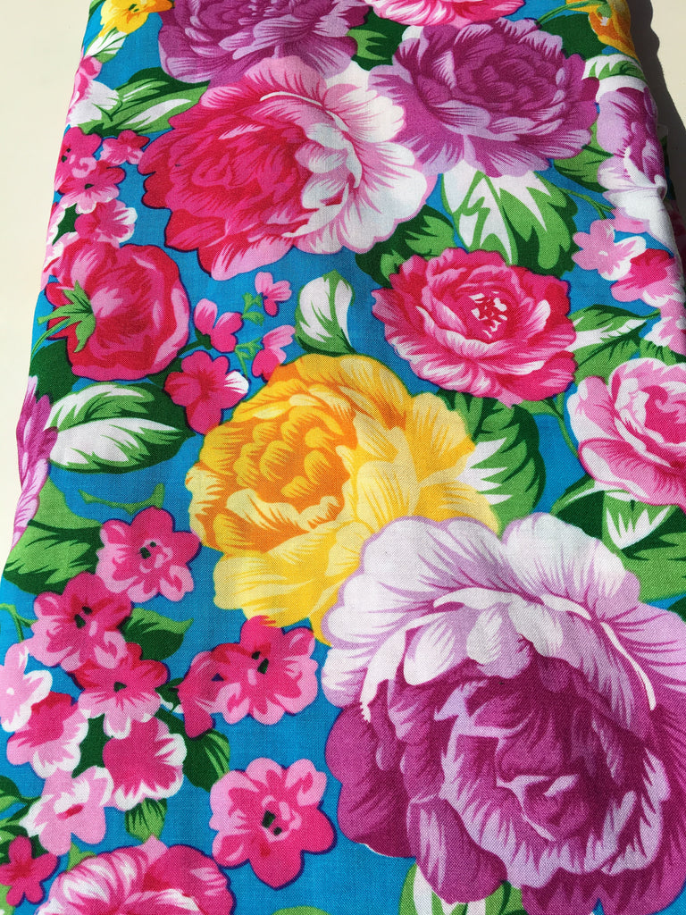 Custom Make Fabric Girls - Large flowers Rayon on Blue Background